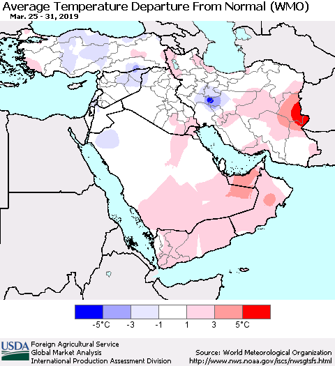 Middle East and Turkey Average Temperature Departure from Normal (WMO) Thematic Map For 3/25/2019 - 3/31/2019