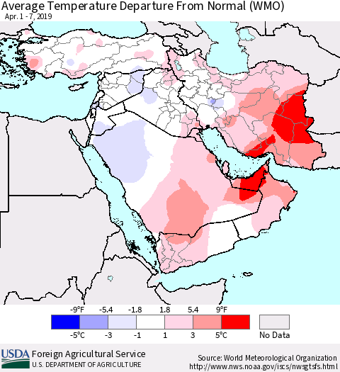 Middle East and Turkey Average Temperature Departure from Normal (WMO) Thematic Map For 4/1/2019 - 4/7/2019