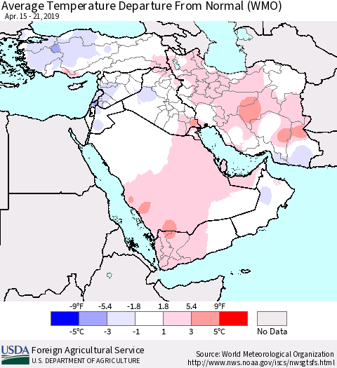 Middle East and Turkey Average Temperature Departure from Normal (WMO) Thematic Map For 4/15/2019 - 4/21/2019