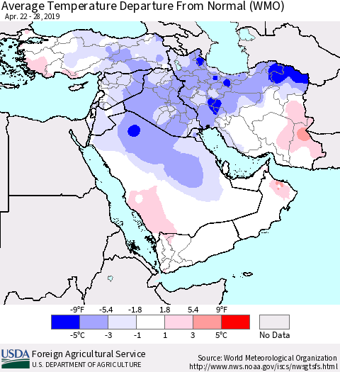 Middle East and Turkey Average Temperature Departure from Normal (WMO) Thematic Map For 4/22/2019 - 4/28/2019