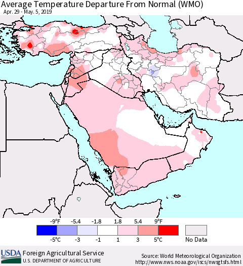 Middle East and Turkey Average Temperature Departure from Normal (WMO) Thematic Map For 4/29/2019 - 5/5/2019
