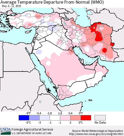 Middle East and Turkey Average Temperature Departure from Normal (WMO) Thematic Map For 5/6/2019 - 5/12/2019