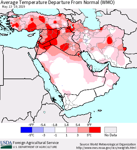 Middle East and Turkey Average Temperature Departure from Normal (WMO) Thematic Map For 5/13/2019 - 5/19/2019