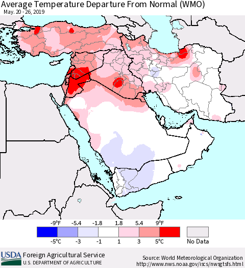 Middle East and Turkey Average Temperature Departure from Normal (WMO) Thematic Map For 5/20/2019 - 5/26/2019