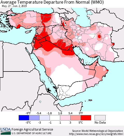 Middle East and Turkey Average Temperature Departure from Normal (WMO) Thematic Map For 5/27/2019 - 6/2/2019