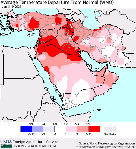 Middle East and Turkey Average Temperature Departure from Normal (WMO) Thematic Map For 6/3/2019 - 6/9/2019
