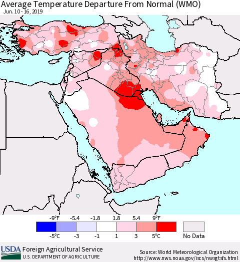 Middle East and Turkey Average Temperature Departure from Normal (WMO) Thematic Map For 6/10/2019 - 6/16/2019