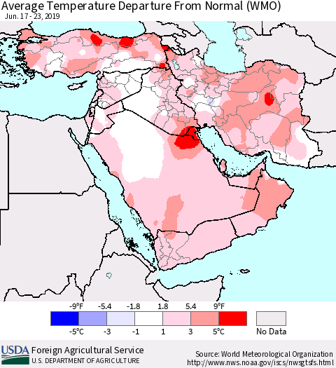 Middle East and Turkey Average Temperature Departure from Normal (WMO) Thematic Map For 6/17/2019 - 6/23/2019