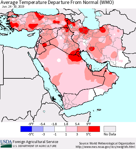 Middle East and Turkey Average Temperature Departure from Normal (WMO) Thematic Map For 6/24/2019 - 6/30/2019