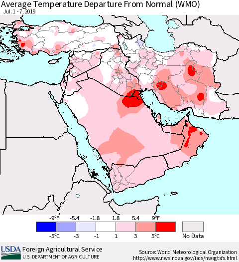 Middle East and Turkey Average Temperature Departure from Normal (WMO) Thematic Map For 7/1/2019 - 7/7/2019