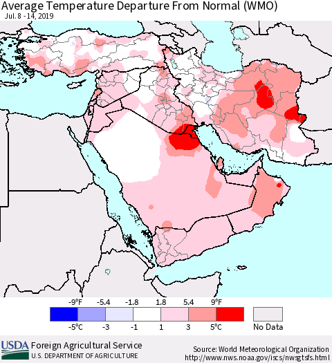 Middle East and Turkey Average Temperature Departure from Normal (WMO) Thematic Map For 7/8/2019 - 7/14/2019
