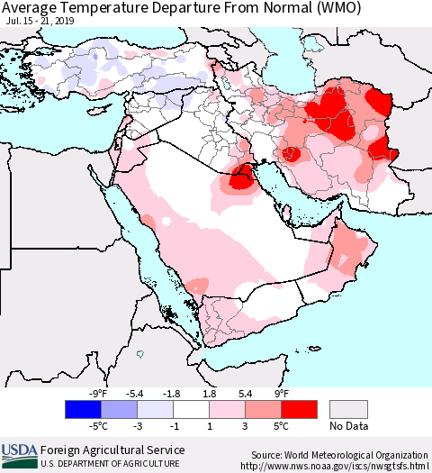 Middle East and Turkey Average Temperature Departure from Normal (WMO) Thematic Map For 7/15/2019 - 7/21/2019