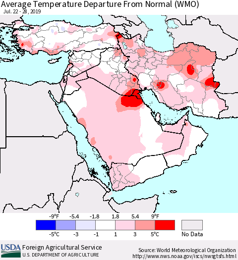 Middle East and Turkey Average Temperature Departure from Normal (WMO) Thematic Map For 7/22/2019 - 7/28/2019