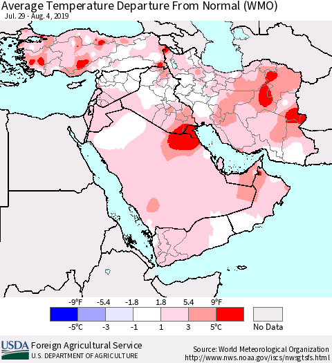 Middle East and Turkey Average Temperature Departure from Normal (WMO) Thematic Map For 7/29/2019 - 8/4/2019