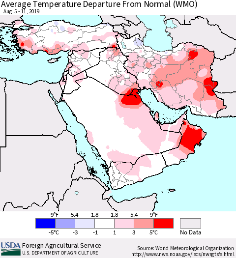 Middle East and Turkey Average Temperature Departure from Normal (WMO) Thematic Map For 8/5/2019 - 8/11/2019