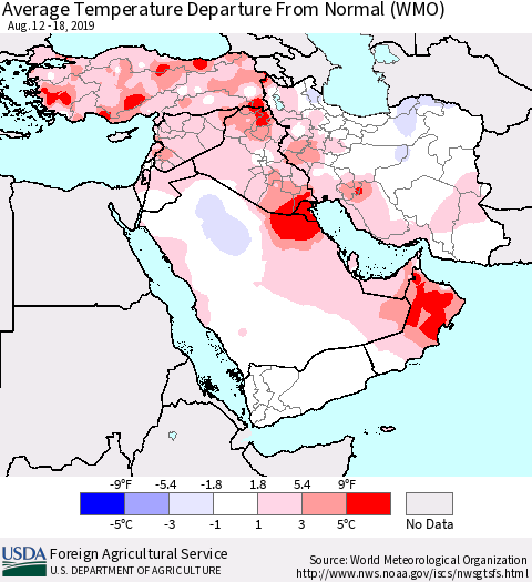 Middle East and Turkey Average Temperature Departure from Normal (WMO) Thematic Map For 8/12/2019 - 8/18/2019
