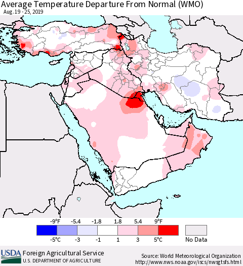Middle East and Turkey Average Temperature Departure from Normal (WMO) Thematic Map For 8/19/2019 - 8/25/2019