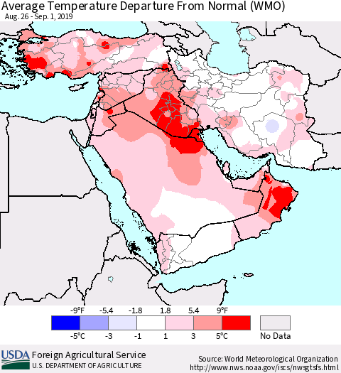 Middle East and Turkey Average Temperature Departure from Normal (WMO) Thematic Map For 8/26/2019 - 9/1/2019