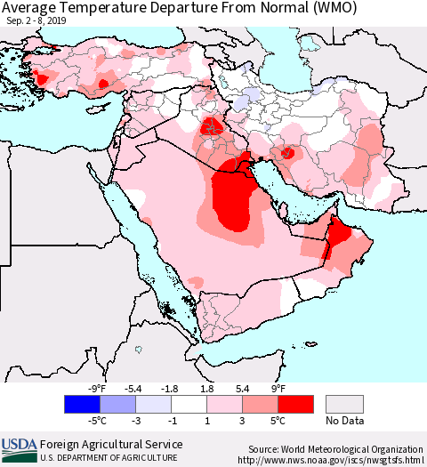 Middle East and Turkey Average Temperature Departure from Normal (WMO) Thematic Map For 9/2/2019 - 9/8/2019