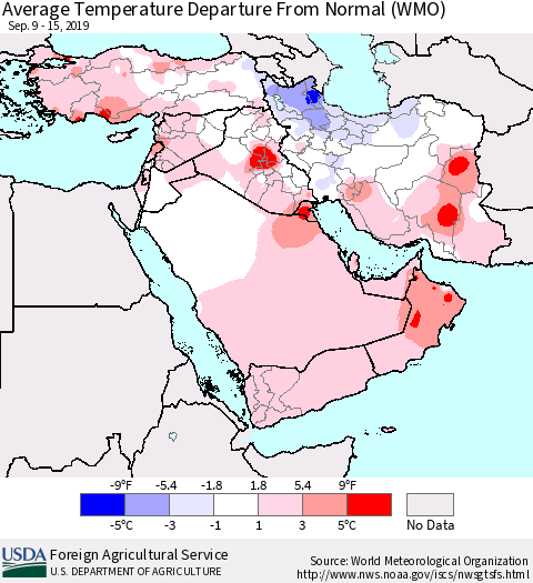 Middle East and Turkey Average Temperature Departure from Normal (WMO) Thematic Map For 9/9/2019 - 9/15/2019