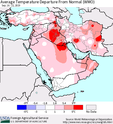 Middle East and Turkey Average Temperature Departure from Normal (WMO) Thematic Map For 9/16/2019 - 9/22/2019