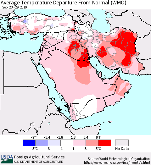 Middle East and Turkey Average Temperature Departure from Normal (WMO) Thematic Map For 9/23/2019 - 9/29/2019