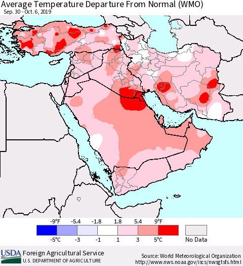 Middle East and Turkey Average Temperature Departure from Normal (WMO) Thematic Map For 9/30/2019 - 10/6/2019