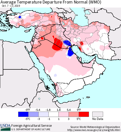 Middle East and Turkey Average Temperature Departure from Normal (WMO) Thematic Map For 10/7/2019 - 10/13/2019