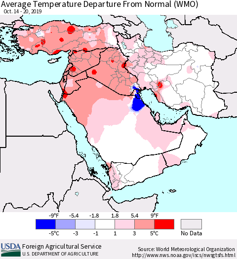 Middle East and Turkey Average Temperature Departure from Normal (WMO) Thematic Map For 10/14/2019 - 10/20/2019