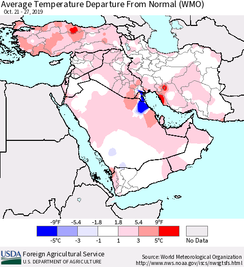 Middle East and Turkey Average Temperature Departure from Normal (WMO) Thematic Map For 10/21/2019 - 10/27/2019