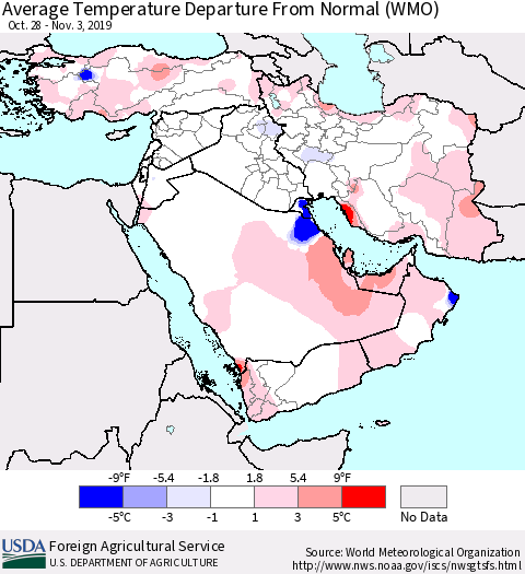 Middle East and Turkey Average Temperature Departure from Normal (WMO) Thematic Map For 10/28/2019 - 11/3/2019