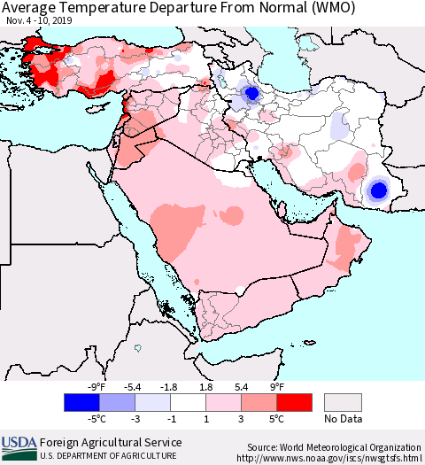 Middle East and Turkey Average Temperature Departure from Normal (WMO) Thematic Map For 11/4/2019 - 11/10/2019