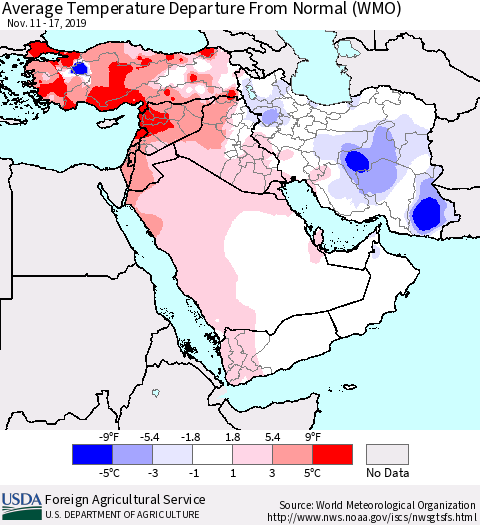 Middle East and Turkey Average Temperature Departure from Normal (WMO) Thematic Map For 11/11/2019 - 11/17/2019
