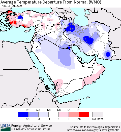 Middle East and Turkey Average Temperature Departure from Normal (WMO) Thematic Map For 11/18/2019 - 11/24/2019