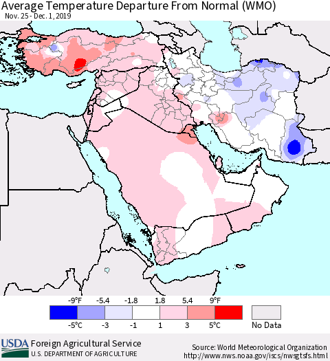 Middle East and Turkey Average Temperature Departure from Normal (WMO) Thematic Map For 11/25/2019 - 12/1/2019