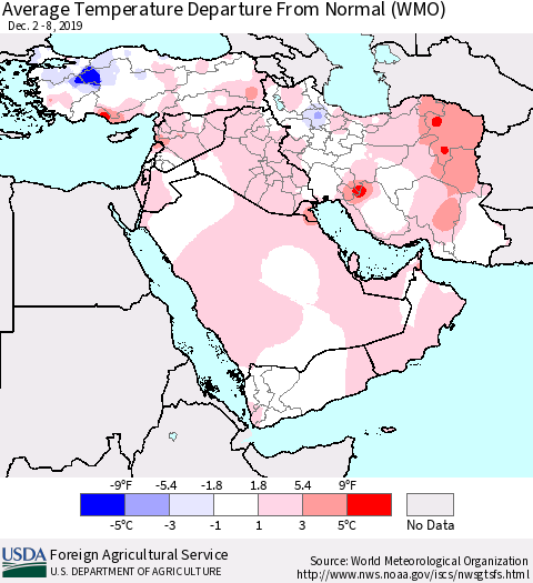 Middle East and Turkey Average Temperature Departure from Normal (WMO) Thematic Map For 12/2/2019 - 12/8/2019