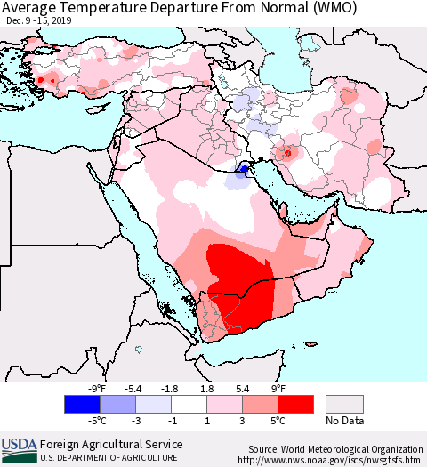Middle East and Turkey Average Temperature Departure from Normal (WMO) Thematic Map For 12/9/2019 - 12/15/2019