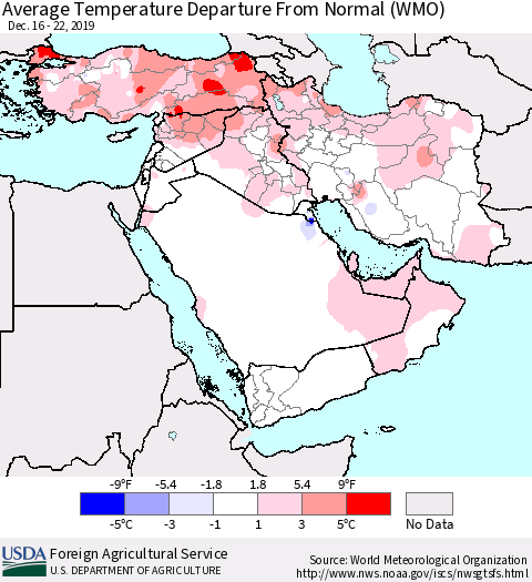 Middle East and Turkey Average Temperature Departure from Normal (WMO) Thematic Map For 12/16/2019 - 12/22/2019