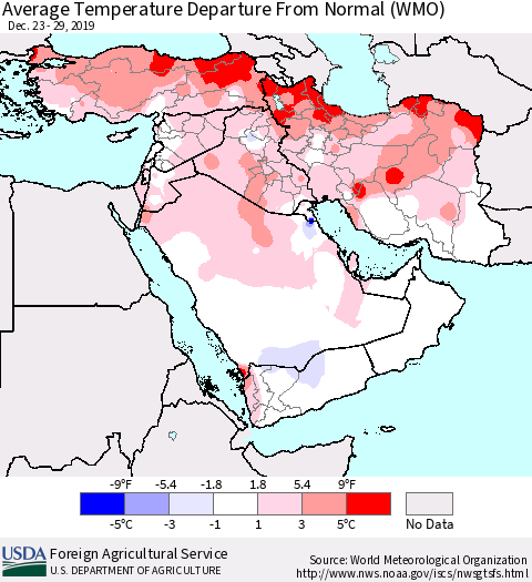 Middle East and Turkey Average Temperature Departure from Normal (WMO) Thematic Map For 12/23/2019 - 12/29/2019