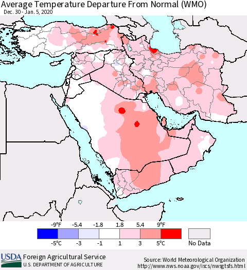 Middle East and Turkey Average Temperature Departure from Normal (WMO) Thematic Map For 12/30/2019 - 1/5/2020