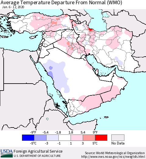Middle East and Turkey Average Temperature Departure from Normal (WMO) Thematic Map For 1/6/2020 - 1/12/2020