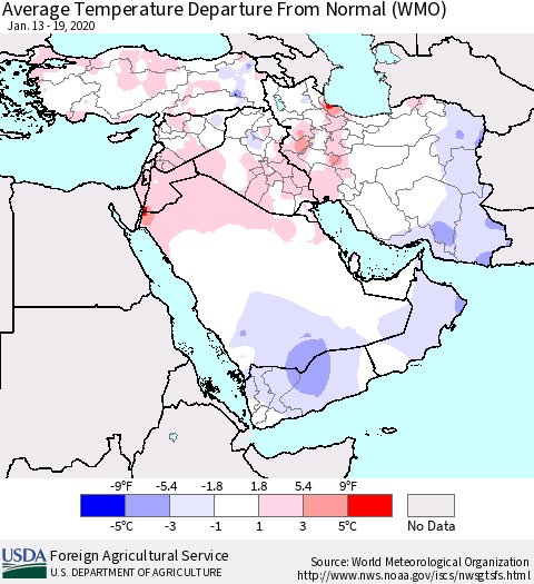 Middle East and Turkey Average Temperature Departure from Normal (WMO) Thematic Map For 1/13/2020 - 1/19/2020