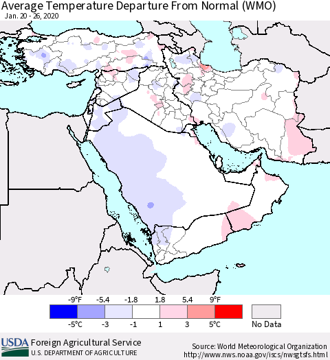 Middle East and Turkey Average Temperature Departure from Normal (WMO) Thematic Map For 1/20/2020 - 1/26/2020