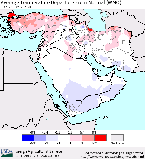 Middle East and Turkey Average Temperature Departure from Normal (WMO) Thematic Map For 1/27/2020 - 2/2/2020