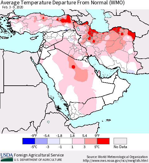 Middle East and Turkey Average Temperature Departure from Normal (WMO) Thematic Map For 2/3/2020 - 2/9/2020
