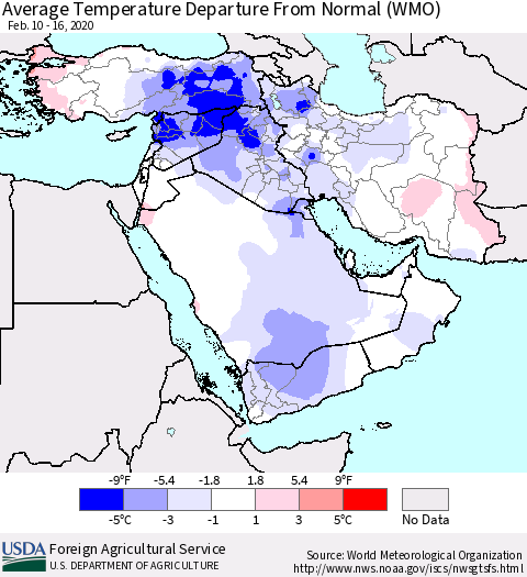 Middle East and Turkey Average Temperature Departure from Normal (WMO) Thematic Map For 2/10/2020 - 2/16/2020
