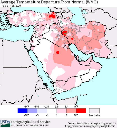 Middle East and Turkey Average Temperature Departure from Normal (WMO) Thematic Map For 2/17/2020 - 2/23/2020