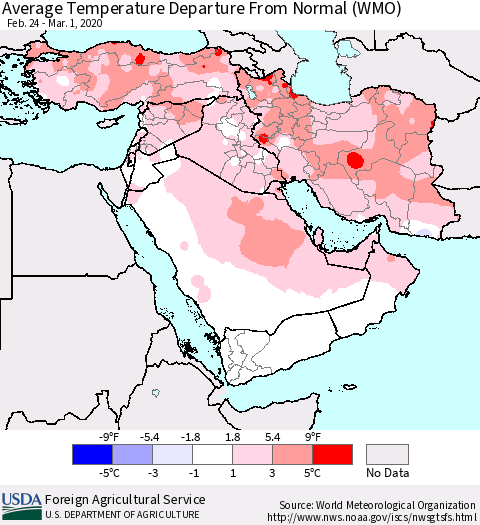 Middle East and Turkey Average Temperature Departure from Normal (WMO) Thematic Map For 2/24/2020 - 3/1/2020
