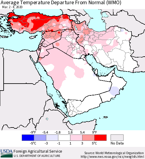 Middle East and Turkey Average Temperature Departure from Normal (WMO) Thematic Map For 3/2/2020 - 3/8/2020