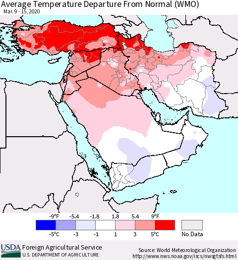 Middle East and Turkey Average Temperature Departure from Normal (WMO) Thematic Map For 3/9/2020 - 3/15/2020